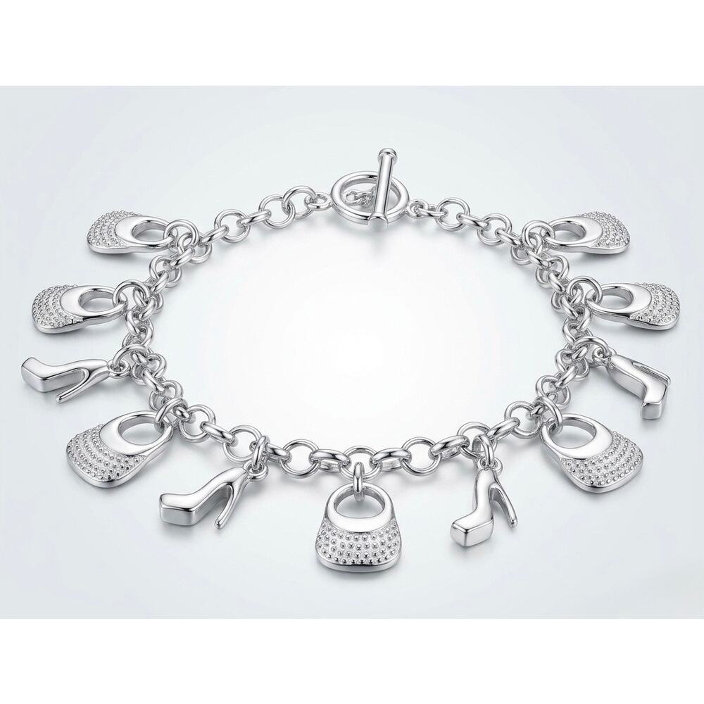 925 Stamped Silver High Heel & Handbag Charm Bracelet - High Quality 20CM